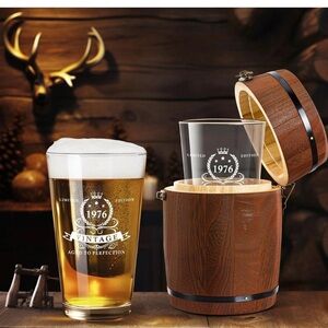 Vintage 1974 Beer Glass with Wooden Barrel Holder